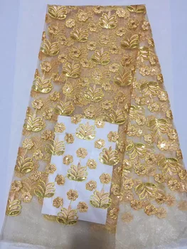 

2019 French Lace Fabric Wedding Gold 3 D Applique Sequins African Tulle Lace Fabric 3D Flowers Embroidered Tulle Lace fabric