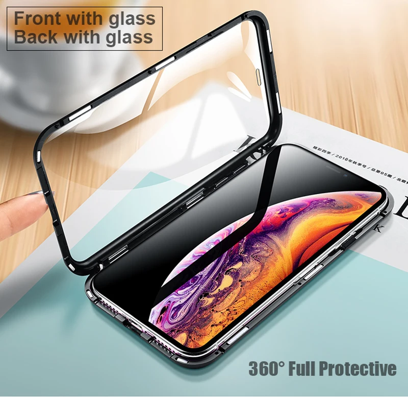 Роскошный двусторонний стеклянный металлический магнитный чехол для iPhone XS MAX iPhone XR X 7 8 Plus чехол для телефона Магнитная крышка 360 полная защита