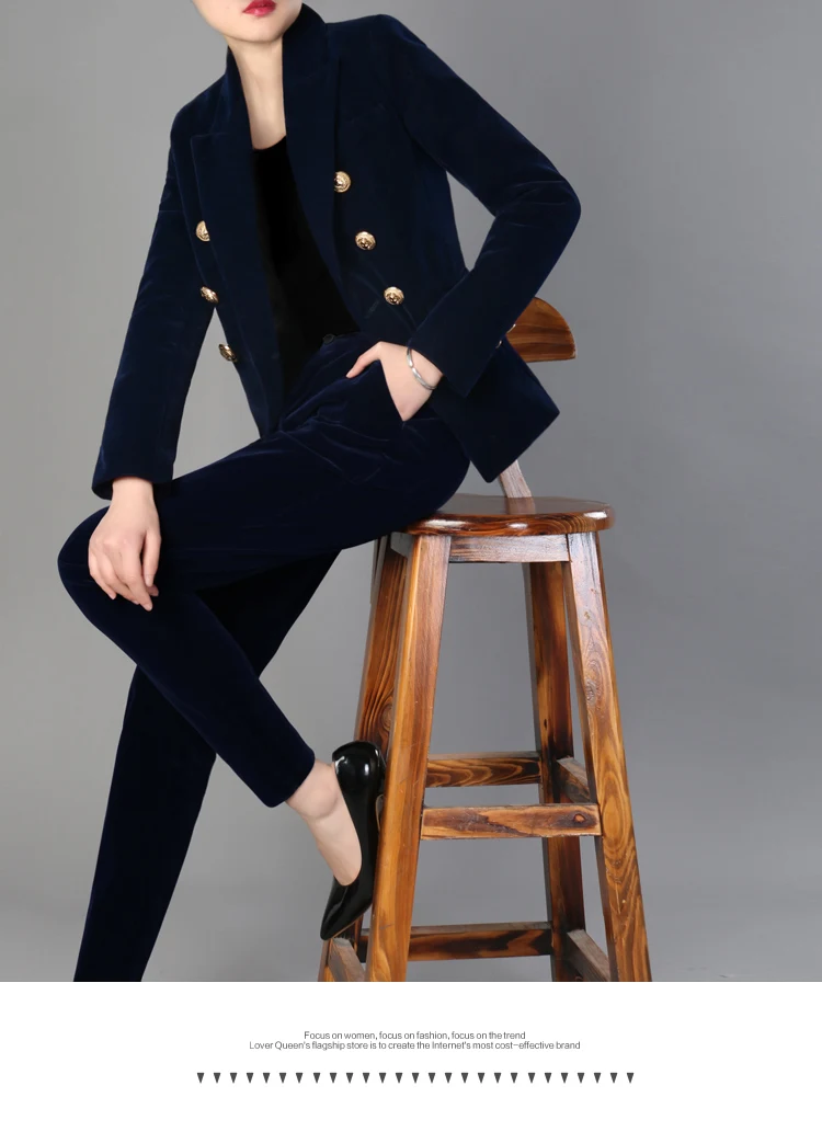LXUNYI 2019 новые осенние бархатные брюки костюм 2 шт. женские комплекты одежды двубортный формальный женский костюм брюки комплект офисная