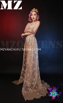 

Free shipping! New Women DJ DS Stage Show Gold Embroidery AB Diamond Drill Jumpsuits Performance Costumes Trailing ! XS-3XL