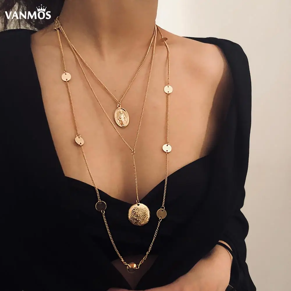 

Vanmos Multi Layer Long Pendant Virgin Mary Necklace Bphemia Female Statement Summer Neck Collar Wedding Party Necklace Jewelry