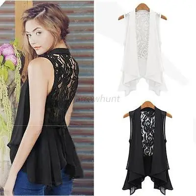 Sexy Women Chiffon Lace Tank Tops Plus Size Sleeveless Cardigan Vest | Женская одежда