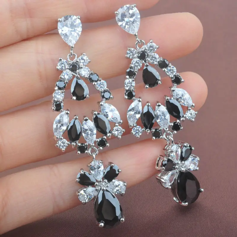 

Luxury Fashion Black Cubic Zirconia For Women Silver Jewelry Drop Earrings Free Shipping LS0118