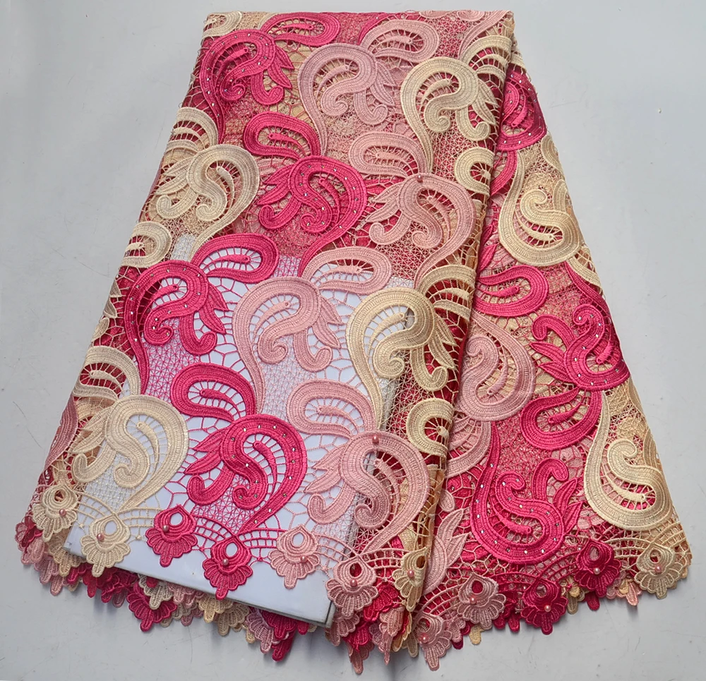 

Best Selling Guipure Cord Soluble Lace Fabric Pink Color Nigerian French Fabric High Quality Stones Mesh Lace Fabric