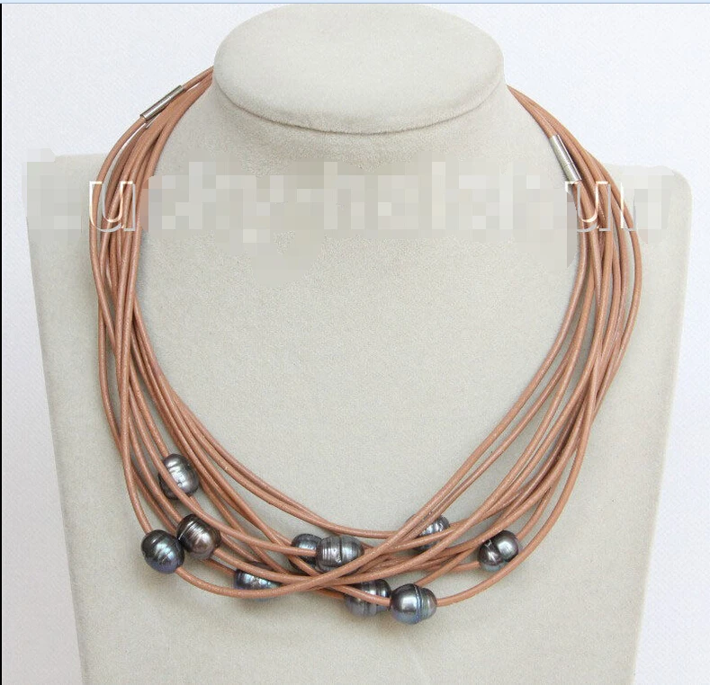 

Hot sell Noble- hot sell new - wholesale 10 piece 11mm Black freshwater pearls khaki leather necklace j10692^^^@^Noble style Nat