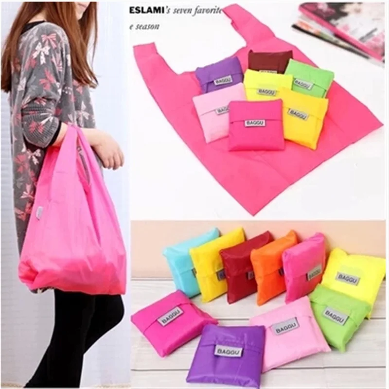 

Eco Friendly Reusable portable Nylon foldable shopping bag mixed candy color washable large Storage debris handle Random Color