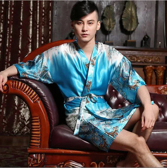 Plus Size Men Kimono Silk Satin Luxury Robe/ Men's Short Bathrobe/ Mens