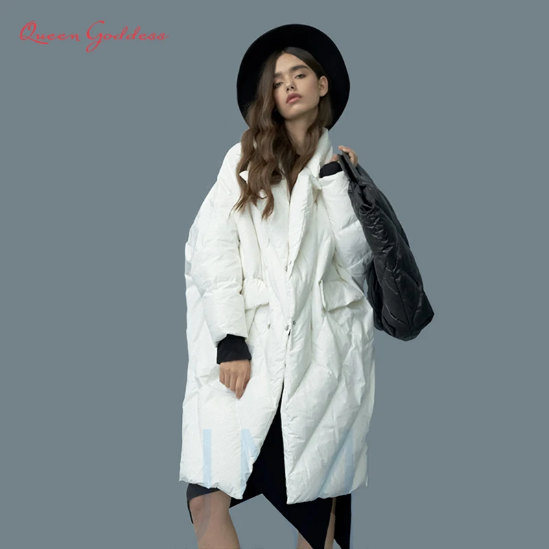 Billige Winter Neue Auflistung Frauen Plus Größe Lange Weiße Ente Unten Jacke Kokon   Bat Typ Anzug Kragen 7XL Verdicken Parkas große Tasche