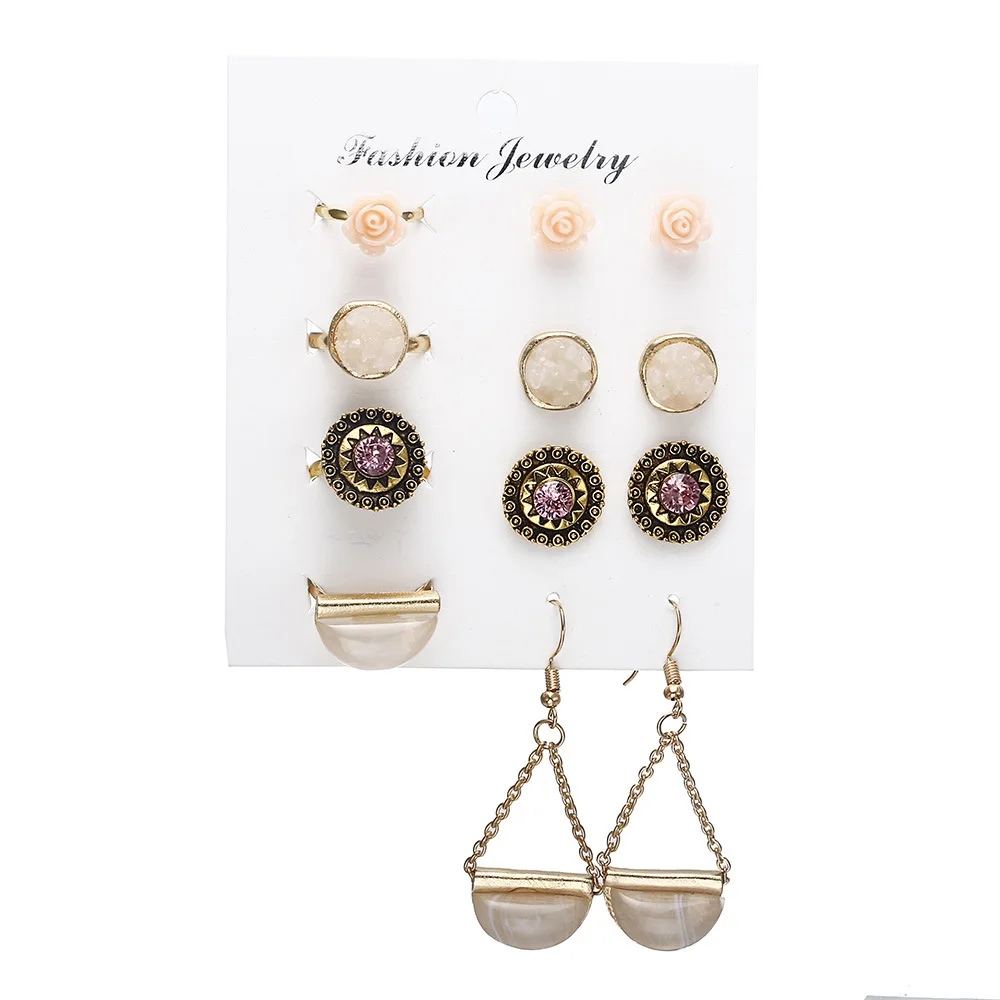 

Vintage Opal Crystal Stud Earrings Ring Set Bohemia Flower Earrings for Women Rings Statement Party Jewelry Gift bijoux femme