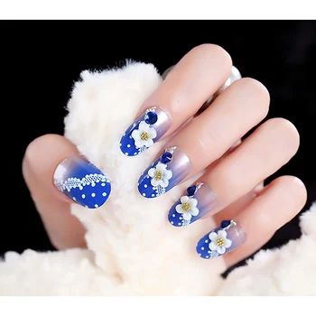 

Girls Shining Rhinestone French Style Fake Nail DIY 3D Flower Design Nail Art Tips with Glue Classical Blue Color Fake Nails