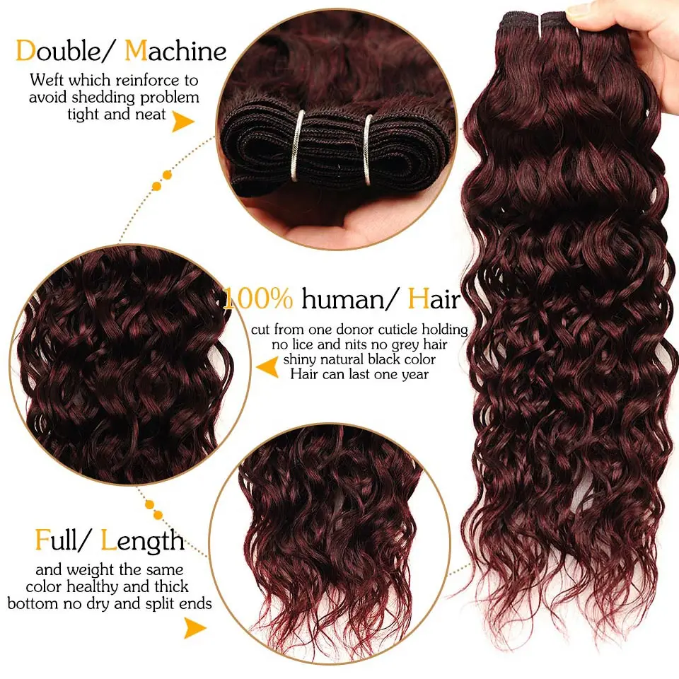 Brazilian Water Wave Hair Burgundy 4 Bundles With Closure Wet Wavy Pinshair Pre-Colored Dark Red Human Hair With Closure NonRemy (90)