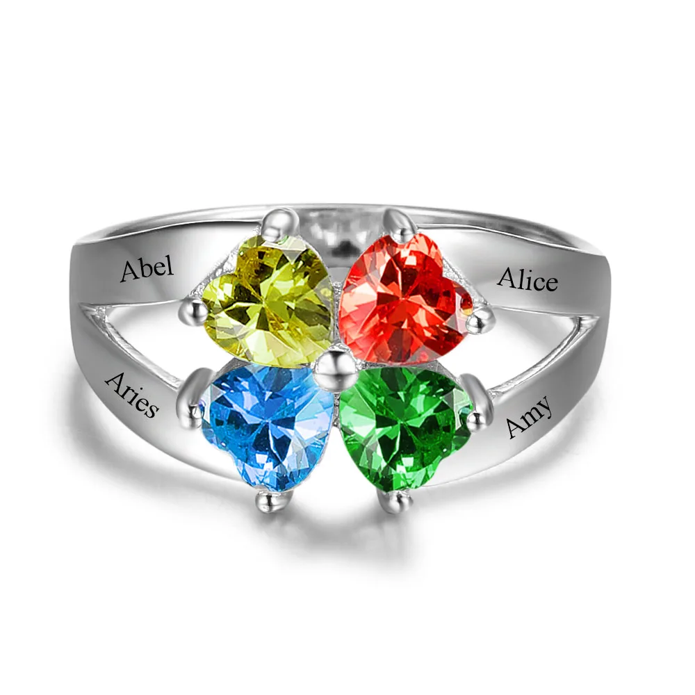 Anniversary Family Ring Engrave Name Custom 4 Birthstone Ring 925 Sterling Silver Heart Rings Gift For Mom (JewelOra RI102501)