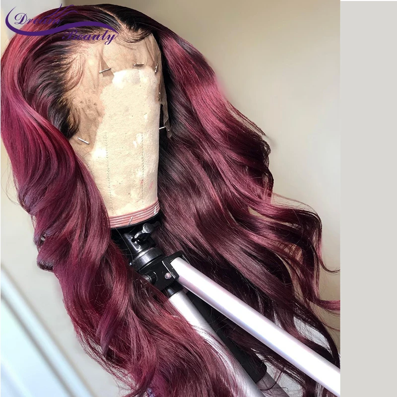 Dream Красота 99j красный эффектом деграде(переход от темного к Цвет 13X6 Синтетические волосы на кружеве человеческие волосы парик с детскими волосами предварительно вырезанные волосяного покрова, несекущиеся бразильские вьющиеся волосы Remy бесклеевой