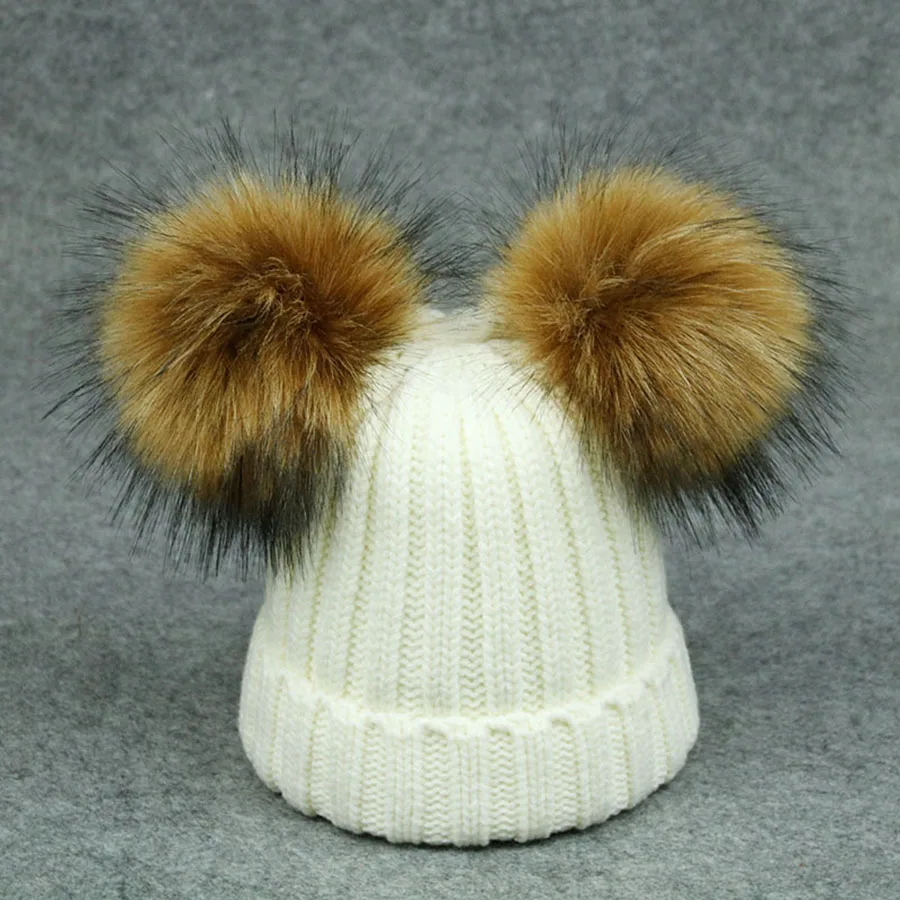

New Winter Girl Beanie Women Hat Faux Raccoon Fur Pom Pom Detachable Knitted Chemo Hats for Kids Boy Casual Acrylic Fabric Cap