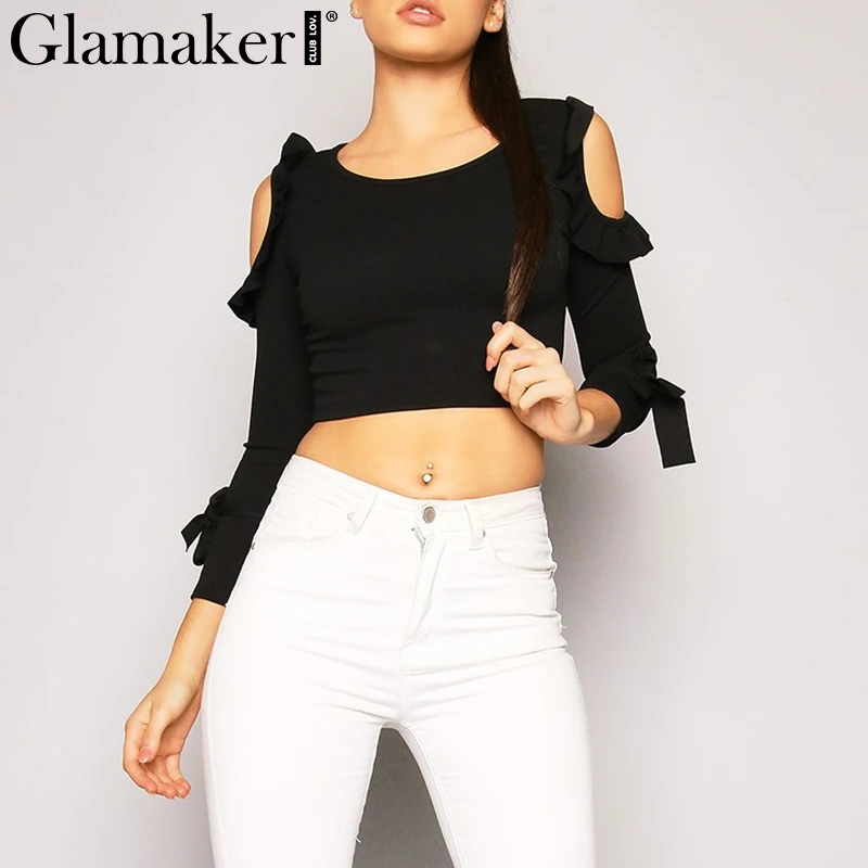 Женский короткий топ Glamaker розовая блузка с рюшами на плечах и бантом весну 2019|pink
