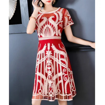 Vestidos De Festa осенние элегантные вечерние женские с круглым вырезом ткань с аппликациями вышивка короткий рукав тонкий приталенное платье А-силуэта XXL - Цвет: red