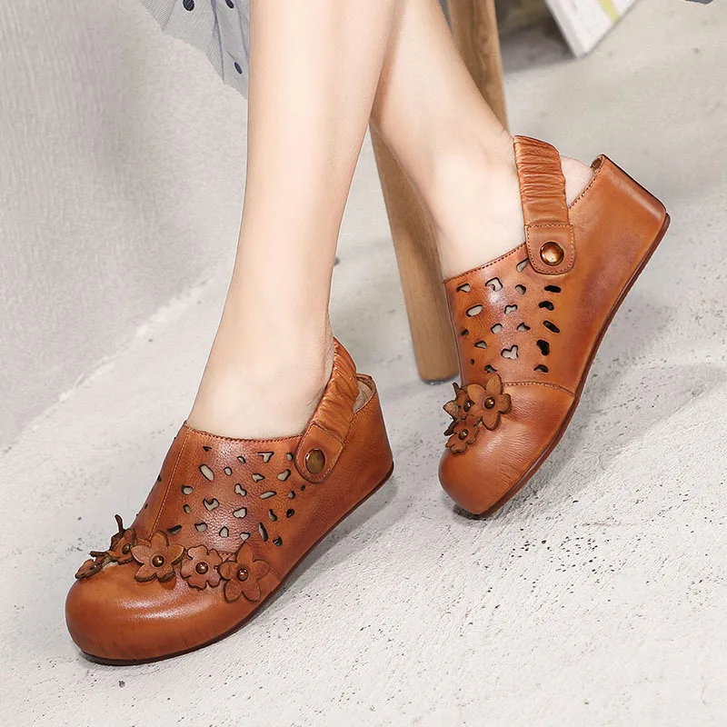 

GKTINOO 2019 Spring and Summer New Flower Genuine Leather Women Sandals Thick Sole Retro Simple Hollow Comfortable Outdoor Shoes