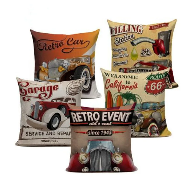 

Europe Vintage Retro Cars Cushion Covers Car Travel Trip English Letters Cushion Cover Sofa Decorative Beige Linen Pillow Case