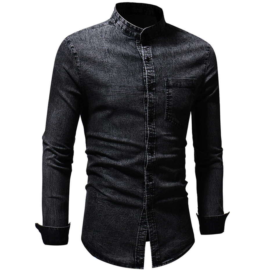 Весна-Осень, Высококачественная джинсовая рубашка, мужская повседневная приталенная рубашка с длинным рукавом и карманом, черная, синяя, Hombre блуза D2867