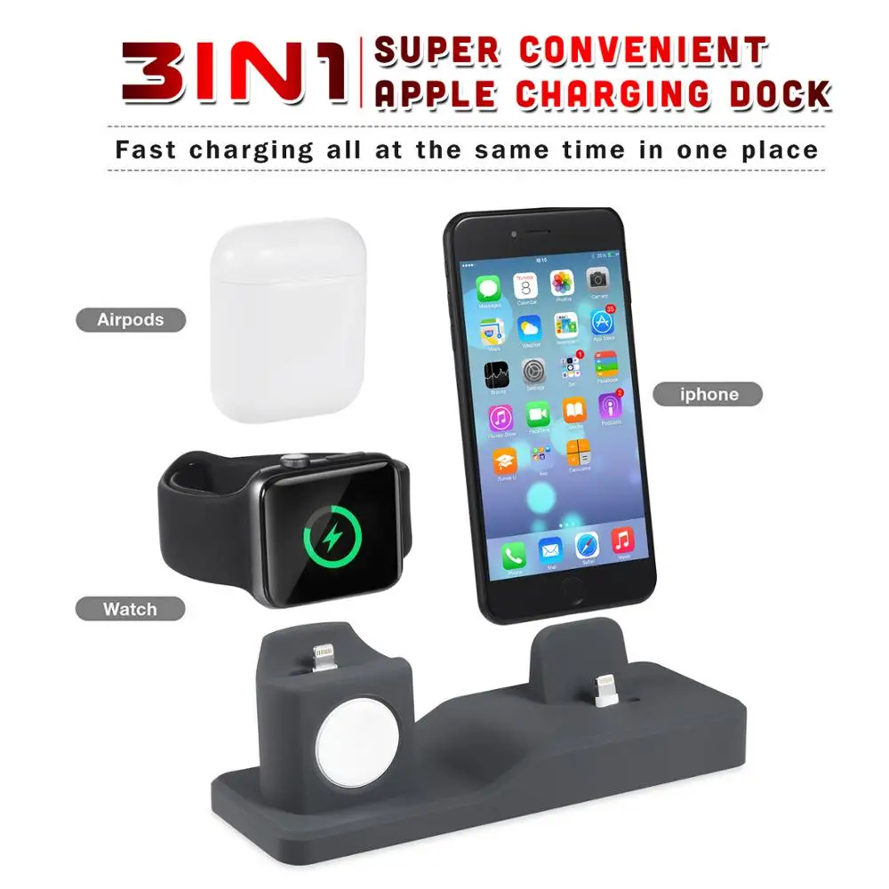 3 in 1 Charging Dock Holder For Iphone X XS Iphone 8 Iphone 7 Iphone 6 Silicone charger stand Dock Station Apple watch Airpods