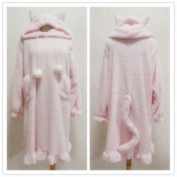 Очень милое мягкое флисовое платье для сна в стиле Лолиты с кошачьими ушками и хвостом для девочек Милая ночная рубашка розового и белого цвета
