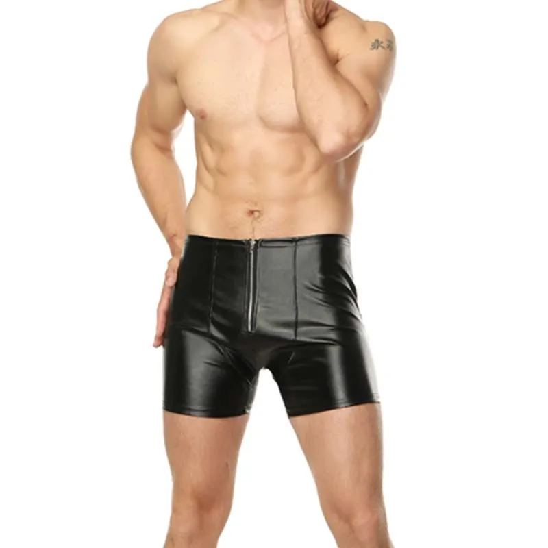 Европейские и американские сексуальные мужские шорты, черные шорты из искусственной лакированной кожи с открытым шаговым швом, обтягивающие мужские шорты для выступлений