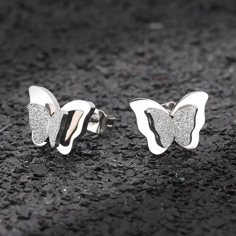 

Cute Double Butterfly Scrub G23 Titanium Women Ear Stud Earrings Steel Plated Girls Earings Fashion Jewelry