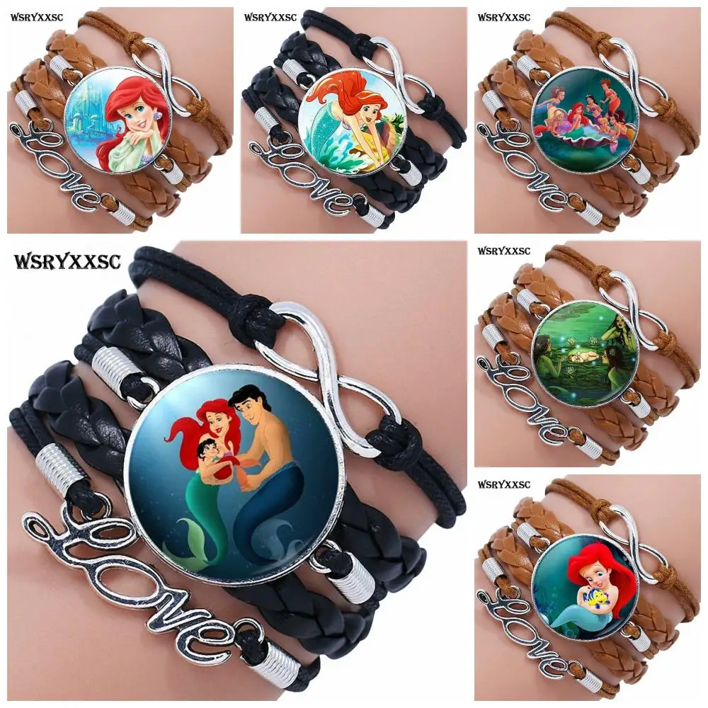 

Personality Glass Multilayer Black/Brown Leather Bracelet Bangle Jewelry For Women Kids Gift Mermaid Kissing Baby