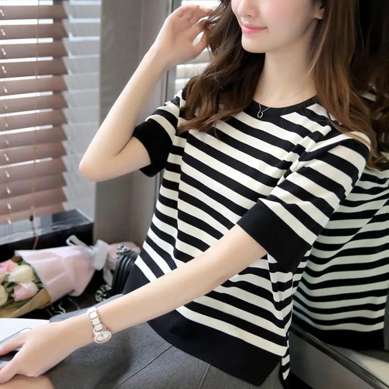 

New Hot 1pc Women Summer T-shirt Striped Half Sleeves Round Neck Loose Plus Size Female Tops YAA99