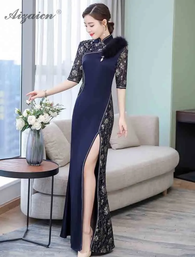 Китайское традиционное вечернее платье, кружевное, сексуальное, длинное, Ципао, современное, синее, элегантное, Cheongsam, Восточный стиль, халат, Chinoise, платья для вечеринок