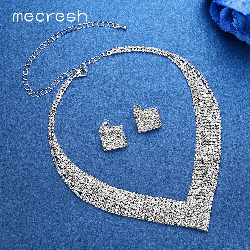 Mecresh кристалл свадебные комплекты ювелирных изделий африканские Бусины Серебряного цвета со стразами женское ожерелье наборы обручальные ювелирные изделия MTL475