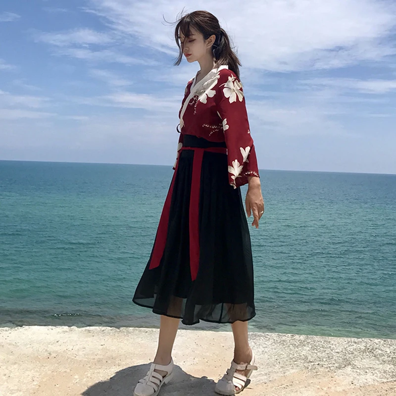 Haori Kawaii японский традиционный кардиган кимоно шифоновая черная юбка с цветочным