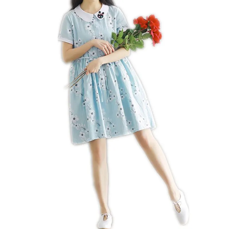 

2019 Cute Peter Pan Collar Women Summer Fashion Print Mini Dress Female Linen Short Sleeve Loose Dress Japanese Mori Girl CQ1245