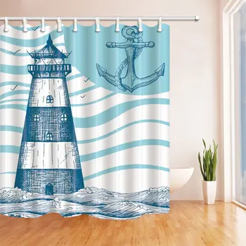 

Shower Curtain Set Lighthouse Tower Seabirds Sea Waves Spray Spindrift For Sailors Waterproof Polyester Bath Curtain Floor Mat