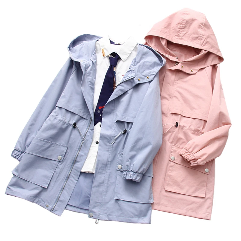 

2019 Hooded Drawstring Long Outwear Windbreaker Jacket Women Basic Coat Candy Colors Plus Size Bomber Jacket Sweatshirt