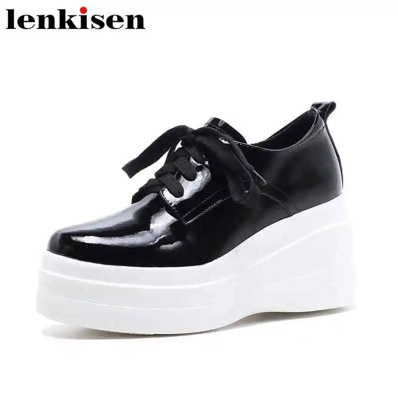 

Lenkisen young lady round toe lace up genuine leather high bottom solid waterproof meeting streetwear concise women pumps L12
