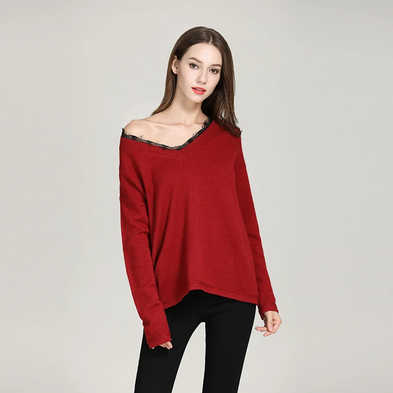 2018 Fashion Women Sweaters Knitting Jumper Lace V Neck Loose Female