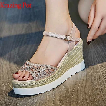 

Krazing Pot summer fashion weave microfiber women wedges high heel platform buckle straps hollow straw decoration sandals l30