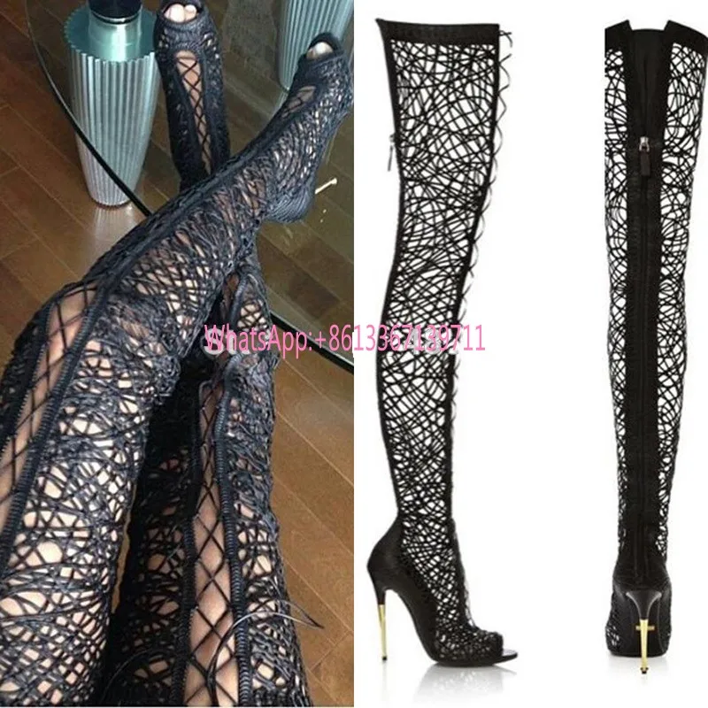 Summer lace up thigh high Sandals Cut outs over the knee Boots ...