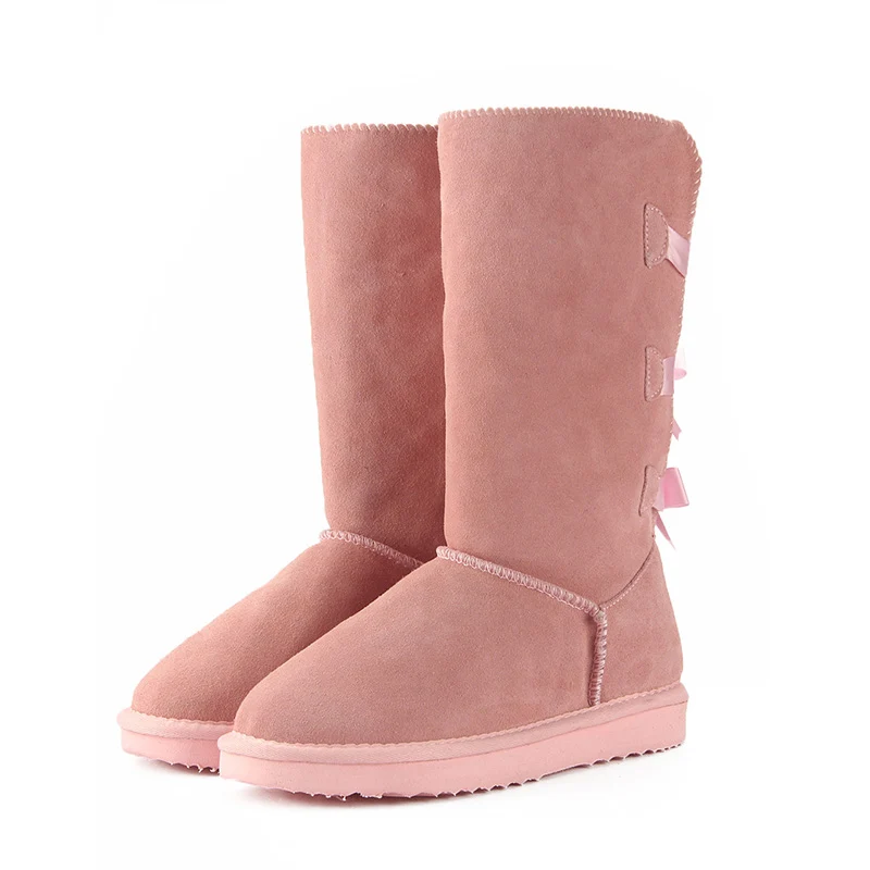 HABUCKN/ г. Модные женские высокие сапоги зимние сапоги из натуральной коровьей кожи зимние ботинки с бантом теплые высокие зимние сапоги США 3-13 - Цвет: Light Pink