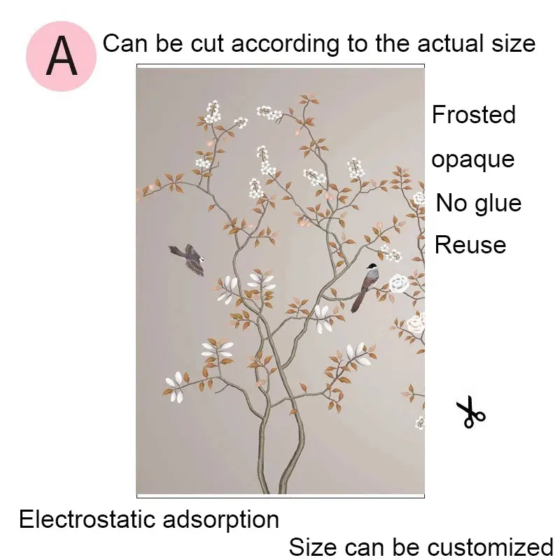 Пленка на окно с цветами и птицами, стеклянная наклейка на дверь в ванную, матовый клей-антистатик, самоклеющаяся, индивидуальная домашняя декоративная пленка - Цвет: 70cm(w)x120cm(h) A