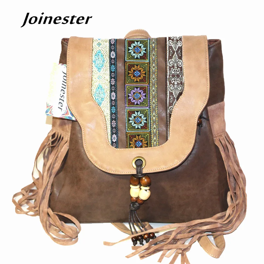 Koop Chinese Nationale Stijl Etnische Borduren Hasp PU Flap Rugzak met Kralen Kwasten Vintage School Satchel Zachte Handvat