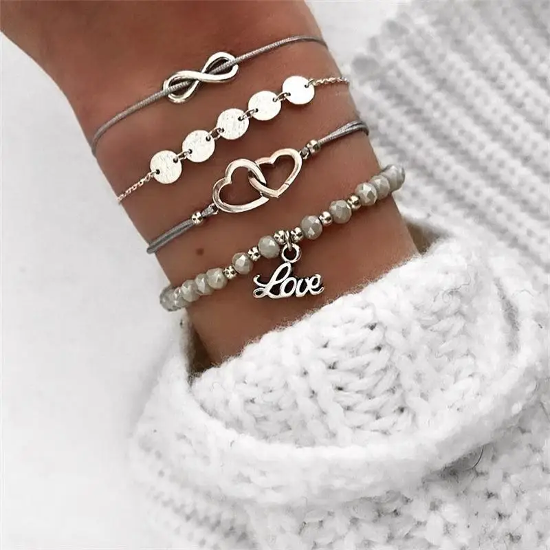 

Bohemian Handmade Heart Beads Bracelets Sets For Women Fashion Rope Chain Beads Strand Bracelets Bangles Jewelry Gifts