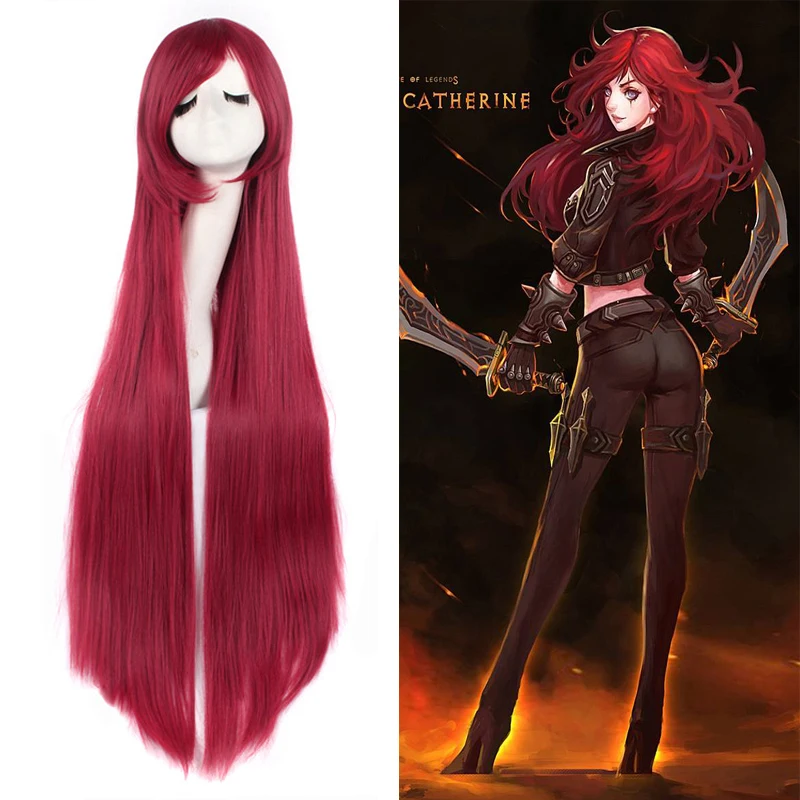 League of Legends Catherine Anime Game Costume Cosplay Wig Dark Red 100cm Straight Long Halloween Costumes Women Free Cap |