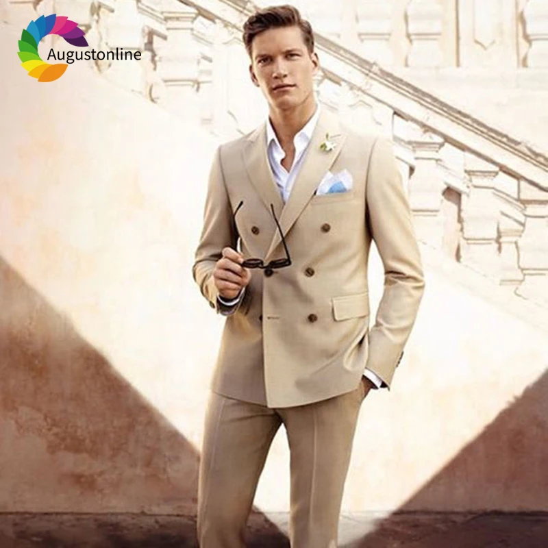 

Beige Men Suits Wedding Groom Wear Tuxedos with Double Breasted 2 Pieces (Jacket+Pants) Best Man Blazer Prom Suits