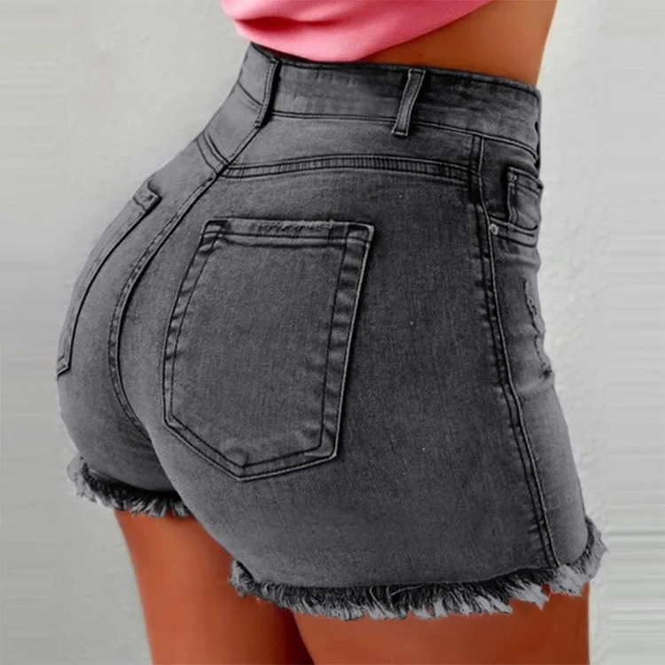 Шаблон для женщин высокая талия джинсовые шорты рваные Bodycon короткие Feminino летние короткие джинсы с кисточкой - Цвет: Бежевый