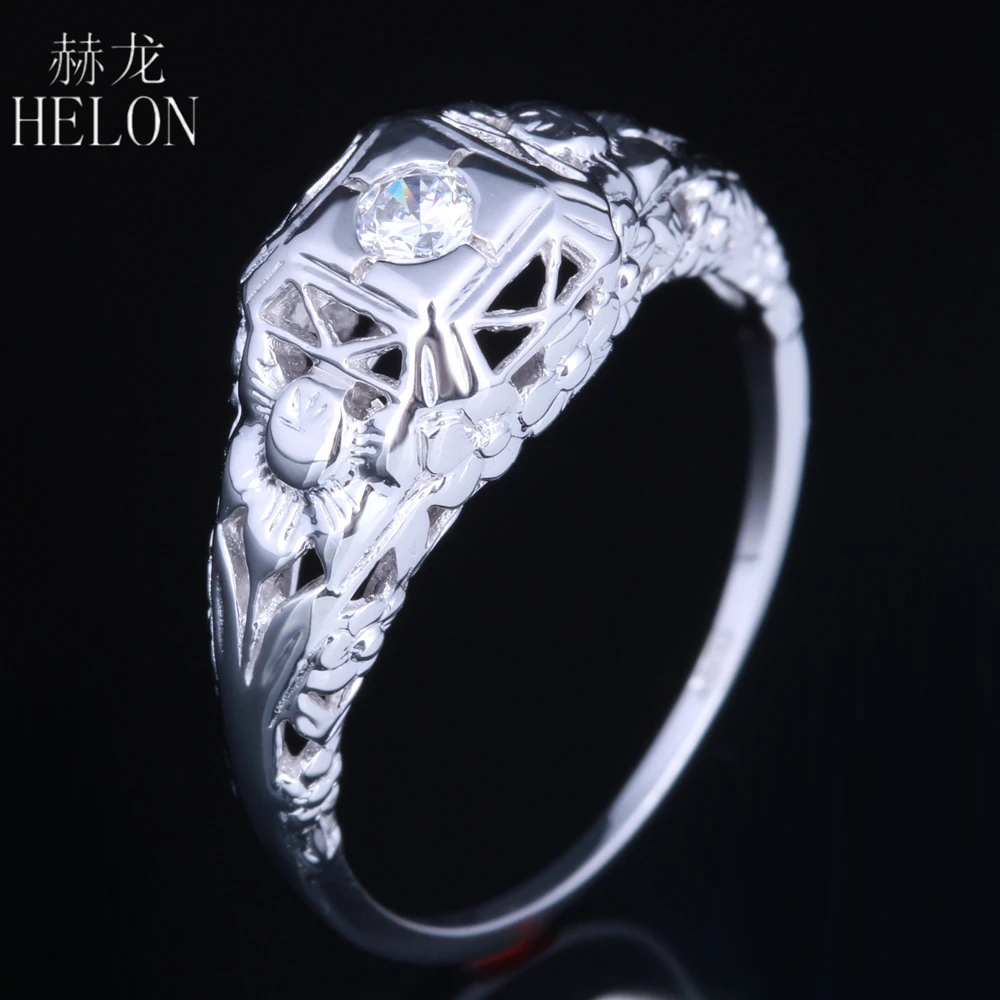 

HELON 3mm Round AAA Graded Cubic Zirconia Women's Carve Ring Solid 10K White Gold 3mm Round Vintage Engagement Wedding Ring