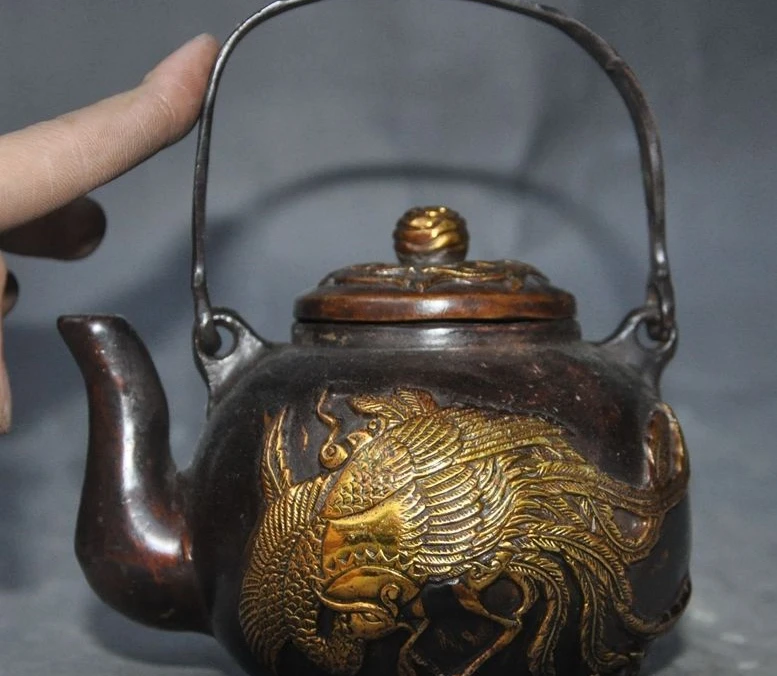 

marked chinese bronze gilt Phoenix Bird lucky statue teapot Kettle Tea maker