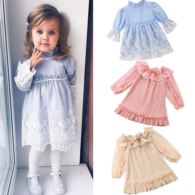 

2018 Canis Cute Kids Baby Girls Summer Clothes Lace Dress Long Sleeve Party Ruffle Lace Dress Sundress Clothing