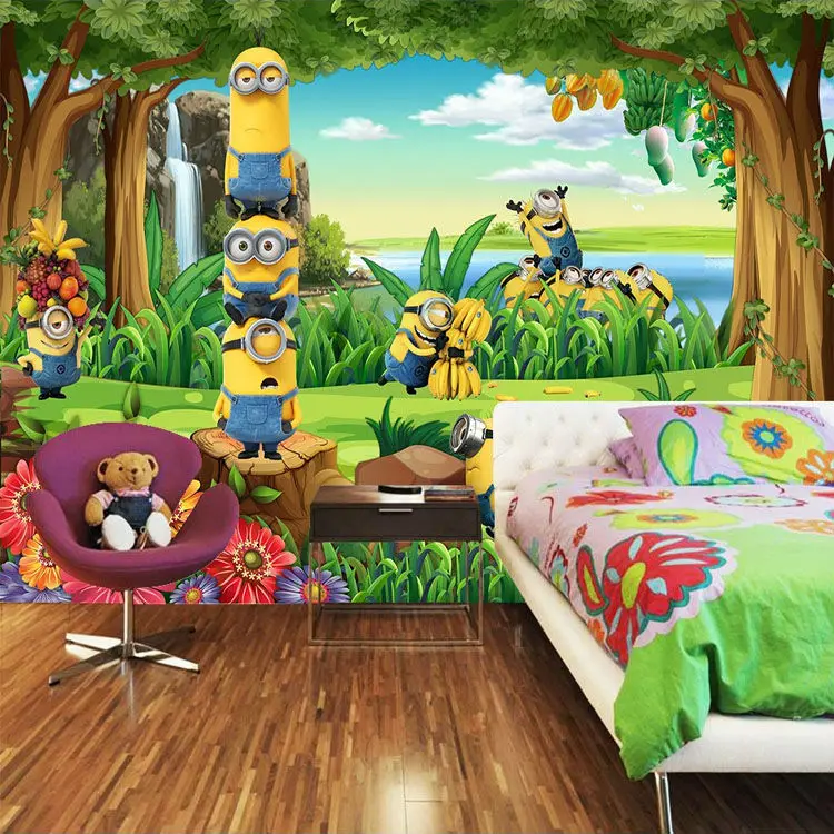 Us 17 54 35 Off Lustige Minions Tapete 3d Benutzerdefinierte Fototapete Cartoon Wandbild Wald Kid Schlafzimmer Kindergarten Kinder Krankenhaus Room